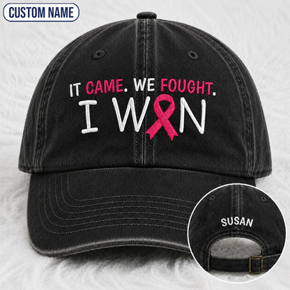 Personalized It Came We Fought I Won Pink Ribbon Embroidered Washed Cap, Awareness Gift