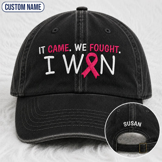 Personalized It Came We Fought I Won Pink Ribbon Embroidered Washed Cap, Awareness Gift