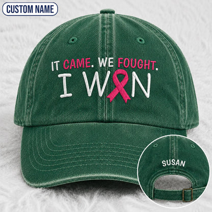 Personalized It Came We Fought I Won Pink Ribbon Embroidered Washed Cap, Awareness Gift