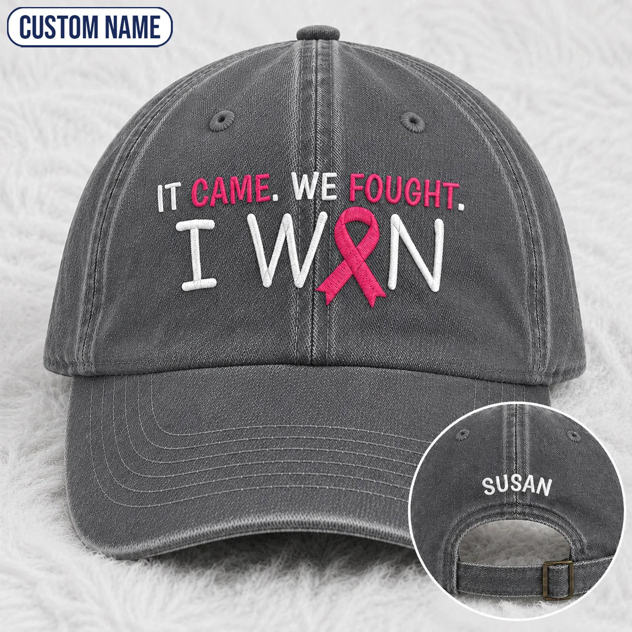 Personalized It Came We Fought I Won Pink Ribbon Embroidered Washed Cap, Awareness Gift