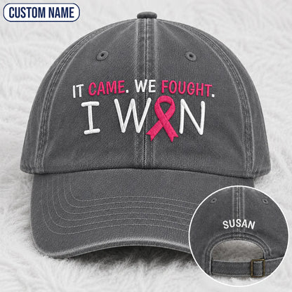 Personalized It Came We Fought I Won Pink Ribbon Embroidered Washed Cap, Awareness Gift