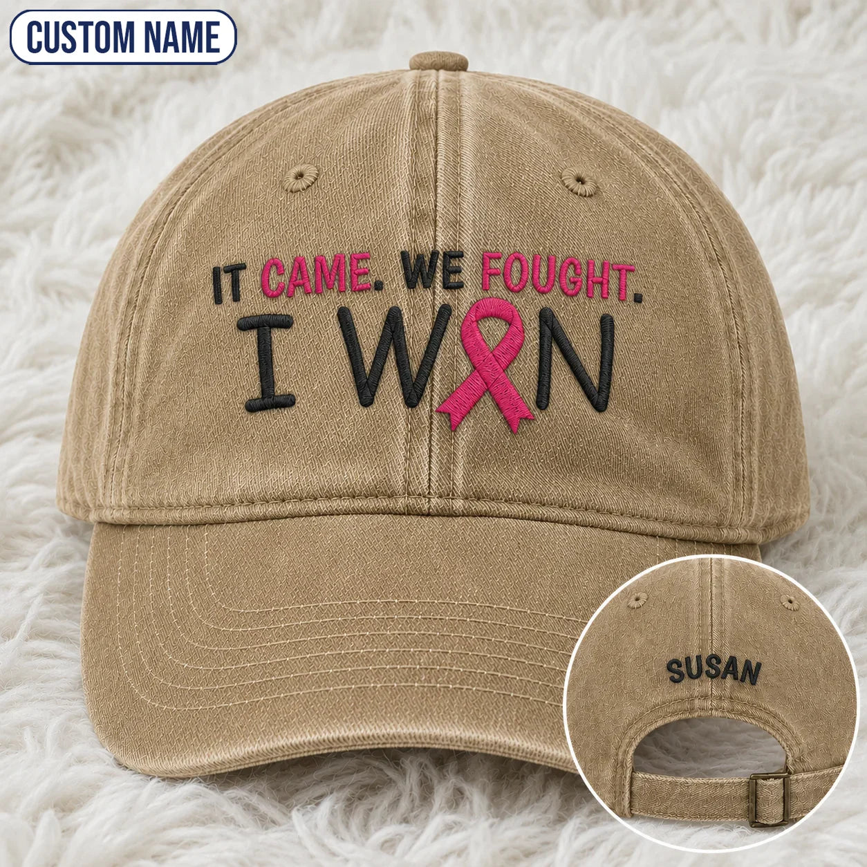 Personalized It Came We Fought I Won Pink Ribbon Embroidered Washed Cap, Awareness Gift