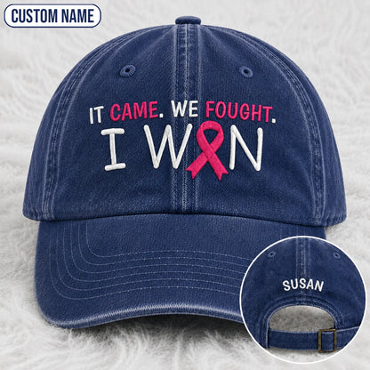 Personalized It Came We Fought I Won Pink Ribbon Embroidered Washed Cap, Awareness Gift