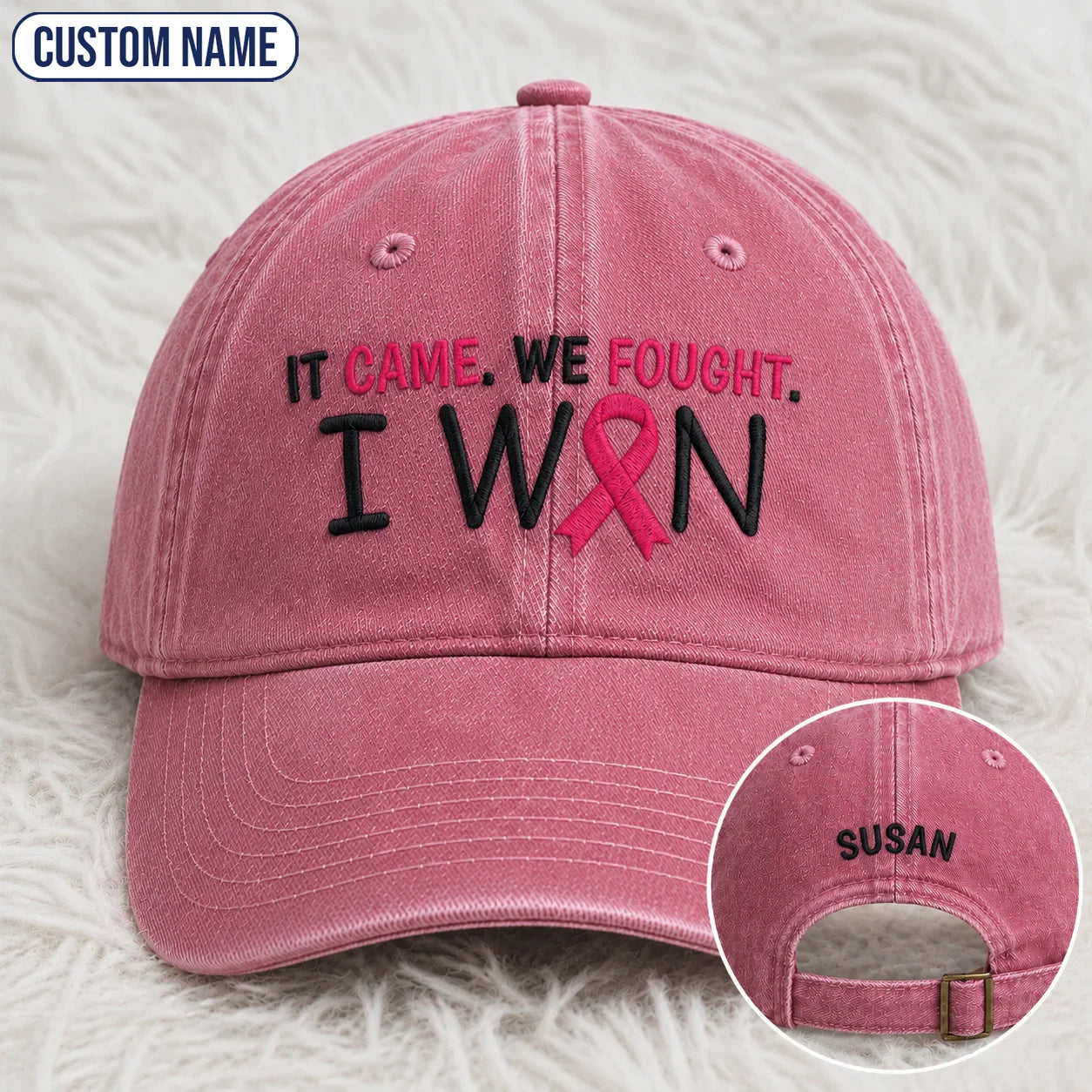 Personalized It Came We Fought I Won Pink Ribbon Embroidered Washed Cap, Awareness Gift