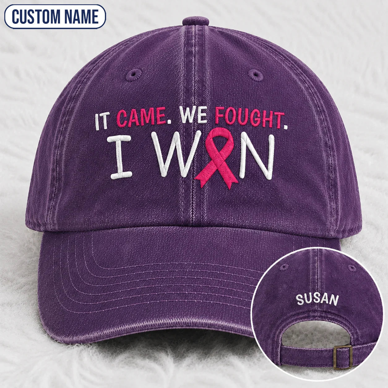 Personalized It Came We Fought I Won Pink Ribbon Embroidered Washed Cap, Awareness Gift
