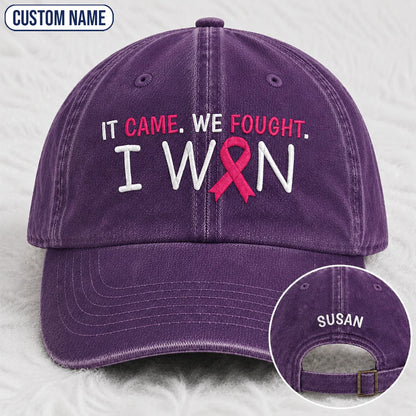 Personalized It Came We Fought I Won Pink Ribbon Embroidered Washed Cap, Awareness Gift