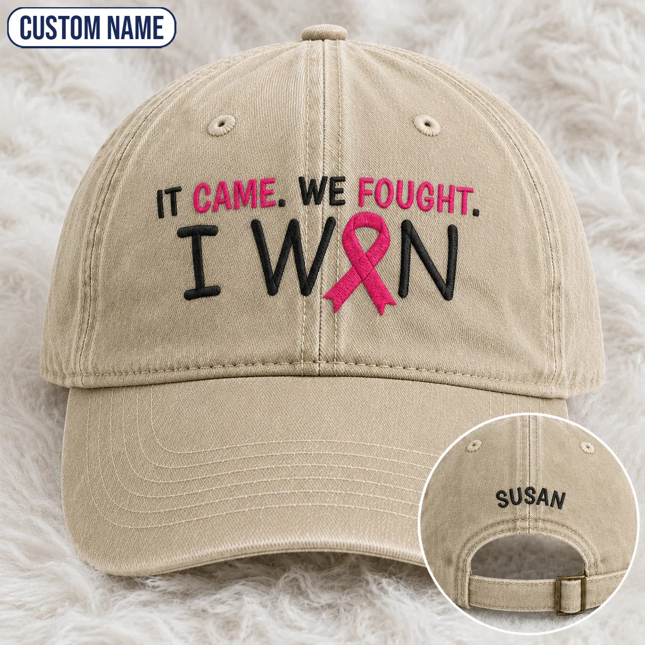 Personalized It Came We Fought I Won Pink Ribbon Embroidered Washed Cap, Awareness Gift