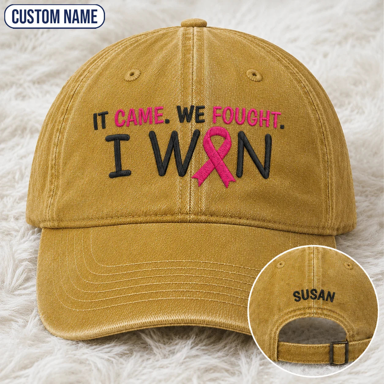 Personalized It Came We Fought I Won Pink Ribbon Embroidered Washed Cap, Awareness Gift