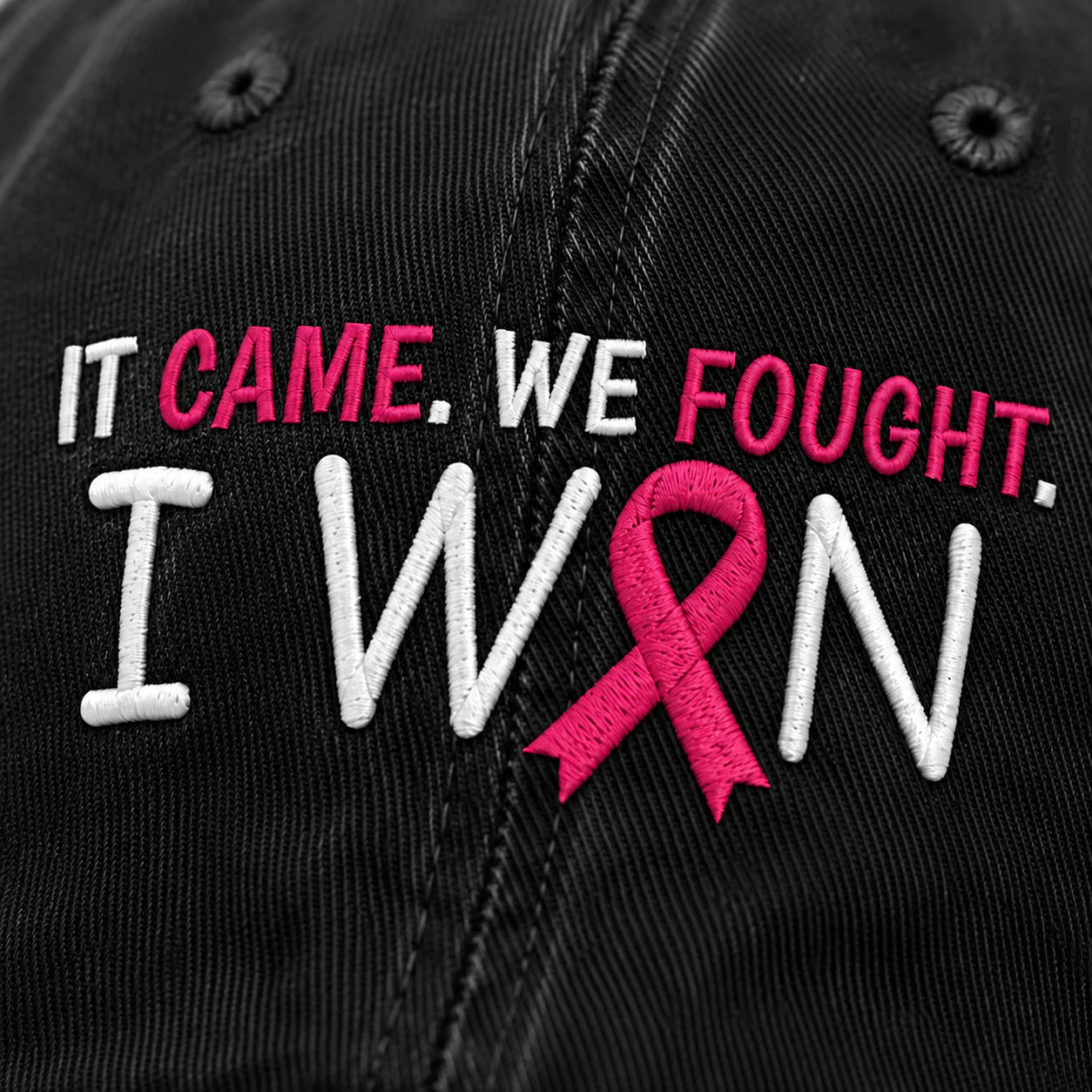 Personalized It Came We Fought I Won Pink Ribbon Embroidered Washed Cap, Awareness Gift