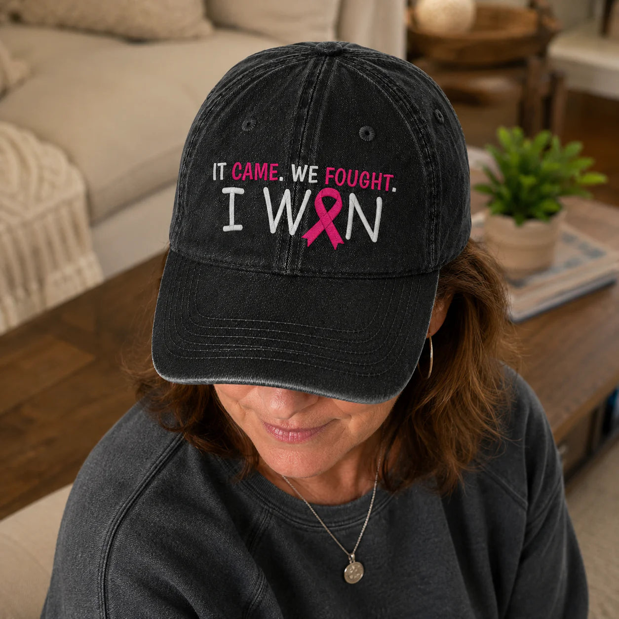 Personalized It Came We Fought I Won Pink Ribbon Embroidered Washed Cap, Awareness Gift