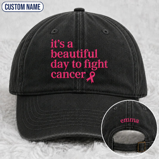 Personalized Beautiful Day To Fight Pink Ribbon Embroidered Washed Cap, Awareness Gift