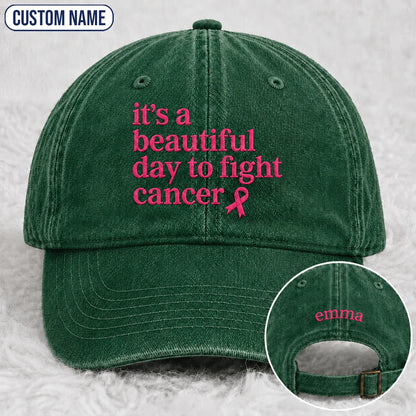 Personalized Beautiful Day To Fight Pink Ribbon Embroidered Washed Cap, Awareness Gift