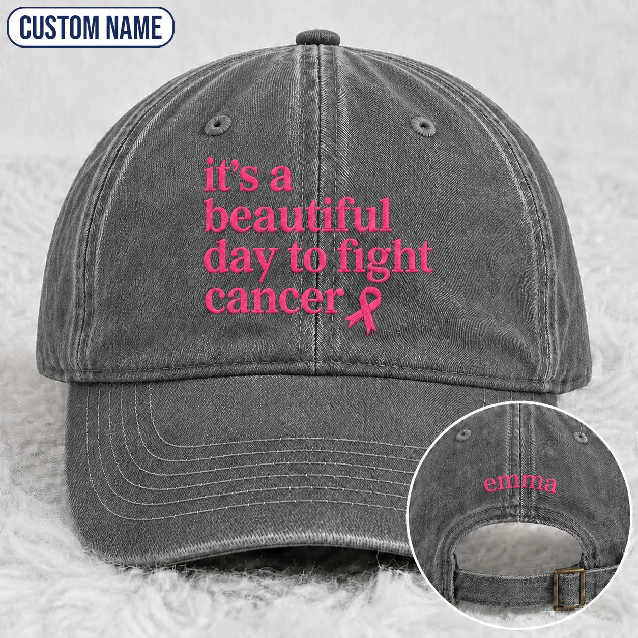 Personalized Beautiful Day To Fight Pink Ribbon Embroidered Washed Cap, Awareness Gift