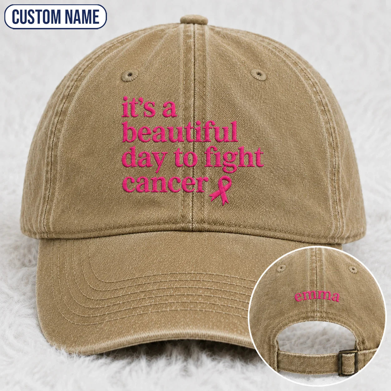 Personalized Beautiful Day To Fight Pink Ribbon Embroidered Washed Cap, Awareness Gift