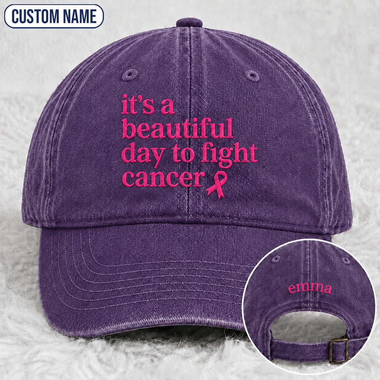 Personalized Beautiful Day To Fight Pink Ribbon Embroidered Washed Cap, Awareness Gift