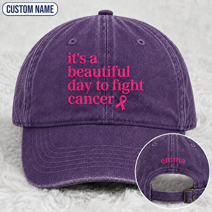 Personalized Beautiful Day To Fight Pink Ribbon Embroidered Washed Cap, Awareness Gift