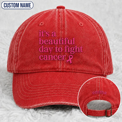 Personalized Beautiful Day To Fight Pink Ribbon Embroidered Washed Cap, Awareness Gift