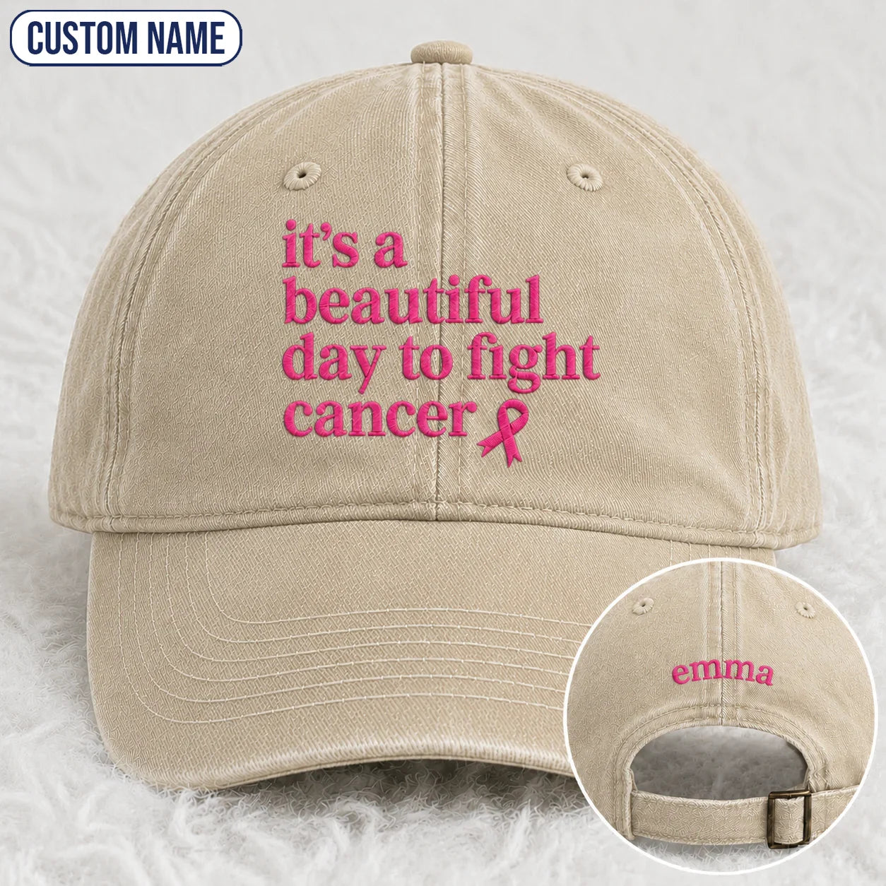 Personalized Beautiful Day To Fight Pink Ribbon Embroidered Washed Cap, Awareness Gift