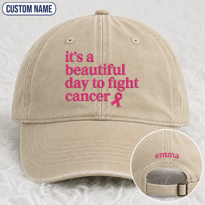 Personalized Beautiful Day To Fight Pink Ribbon Embroidered Washed Cap, Awareness Gift
