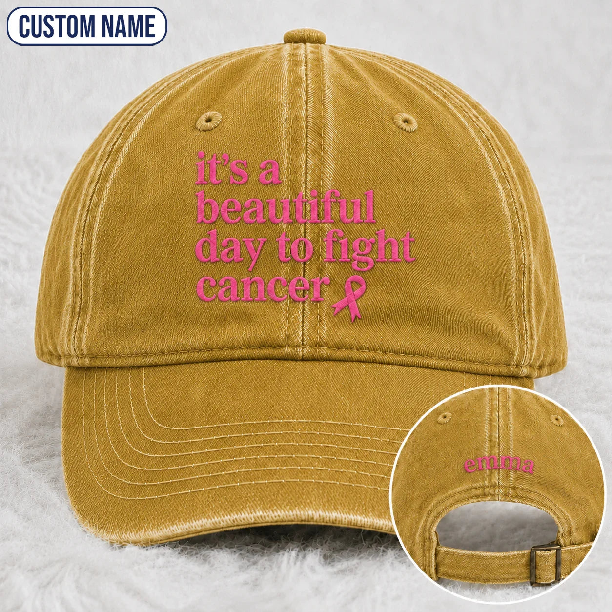 Personalized Beautiful Day To Fight Pink Ribbon Embroidered Washed Cap, Awareness Gift