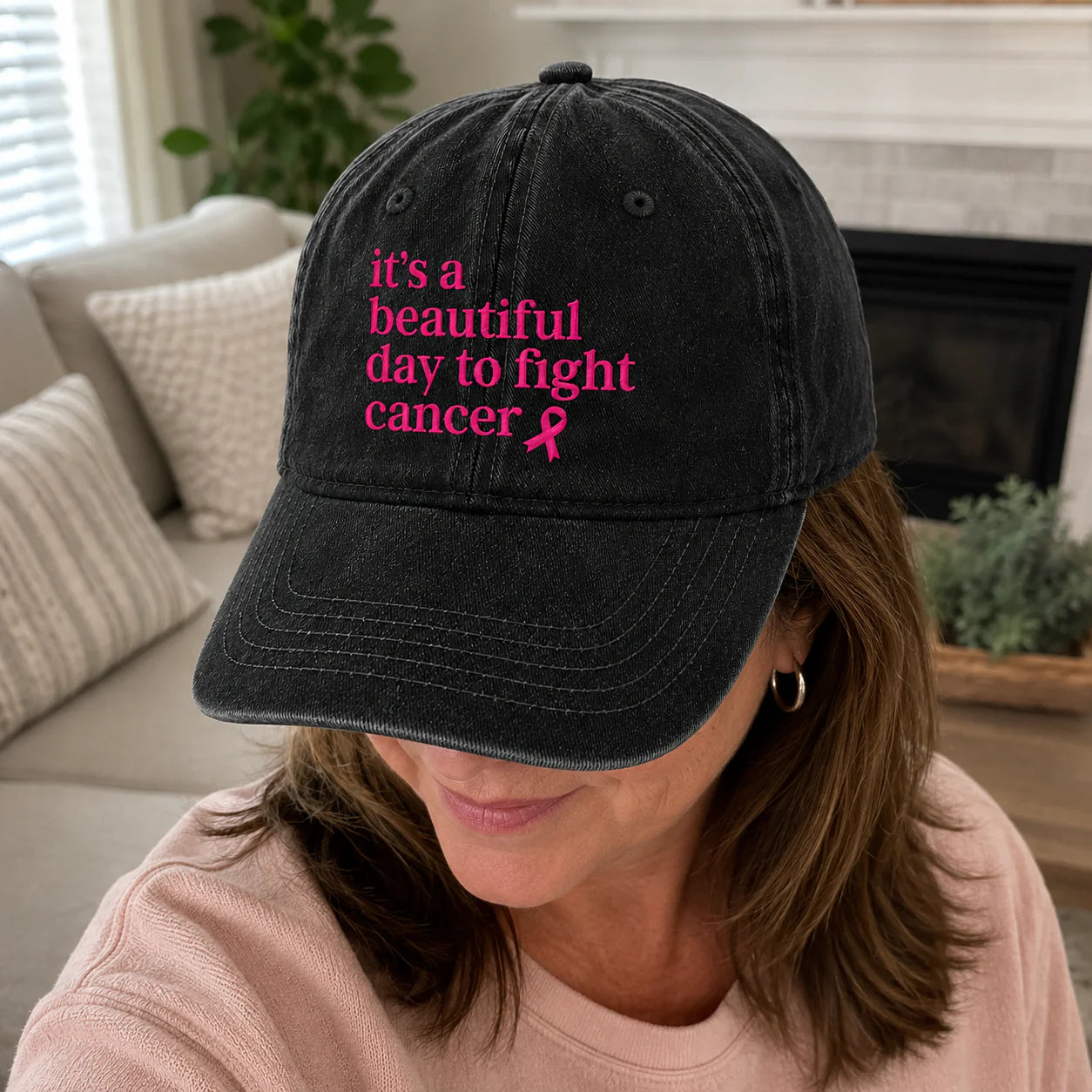Personalized Beautiful Day To Fight Pink Ribbon Embroidered Washed Cap, Awareness Gift