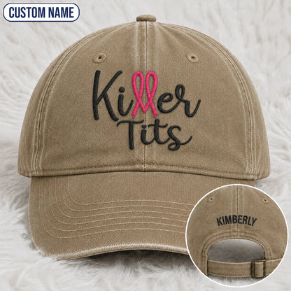 Personalized Killer Tts Pink Ribbon Embroidered Washed Cap, Awareness Gift