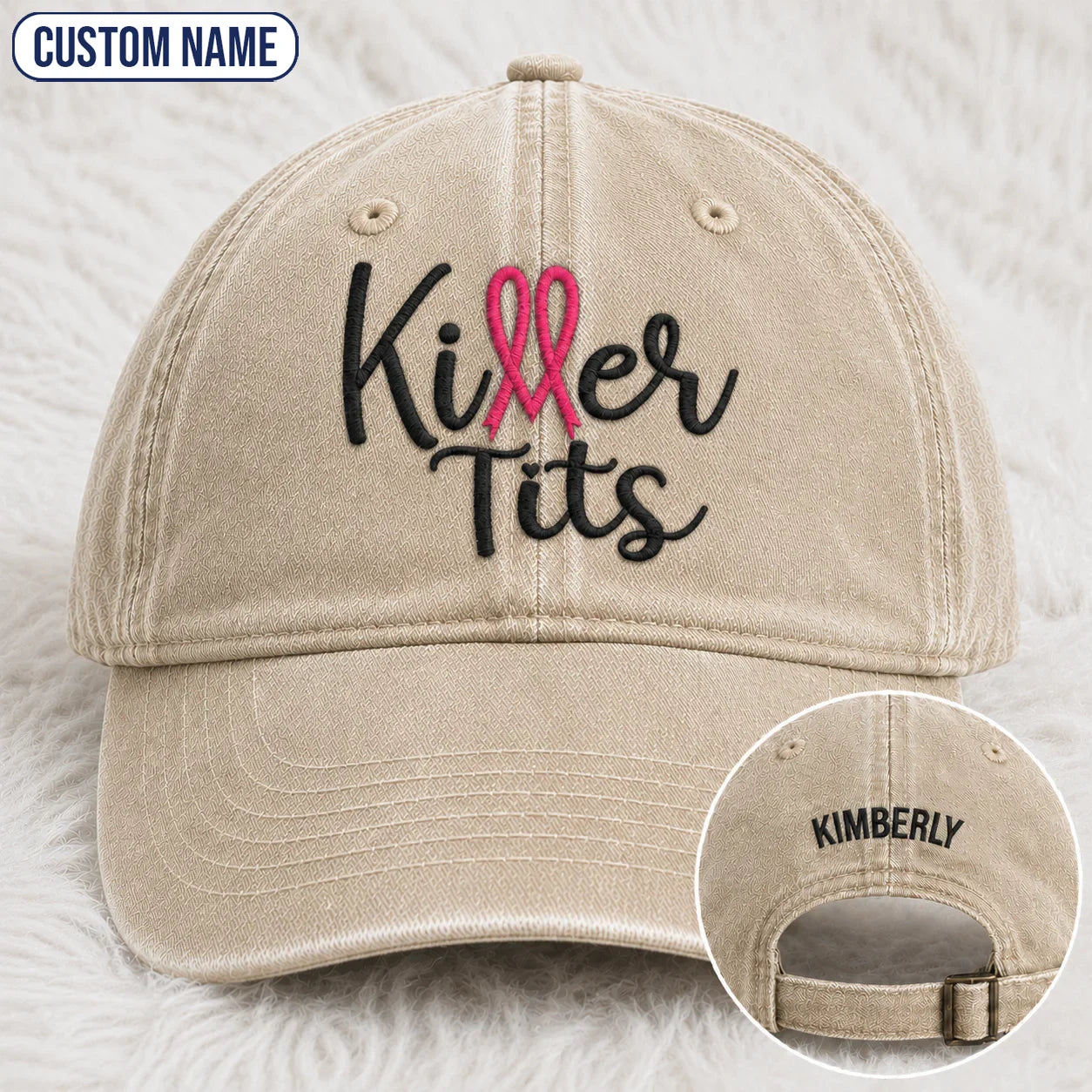 Personalized Killer Tts Pink Ribbon Embroidered Washed Cap, Awareness Gift