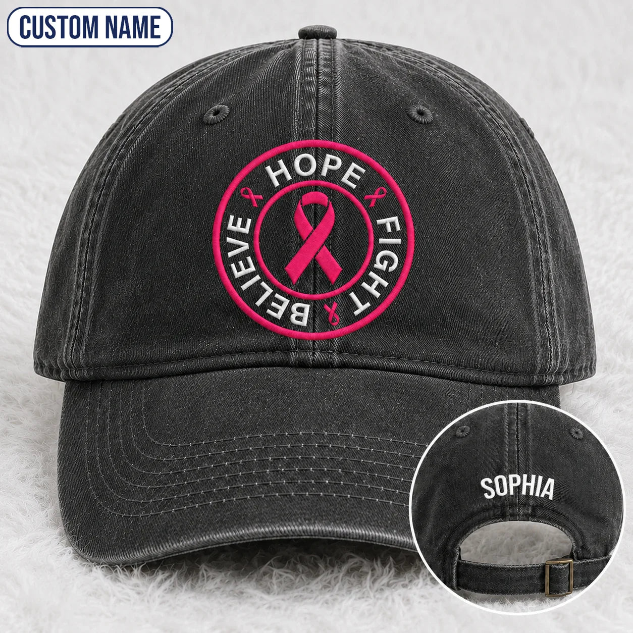 Personalized Hope Fight Believe Pink Ribbon Embroidered Washed Cap, Awareness Gift