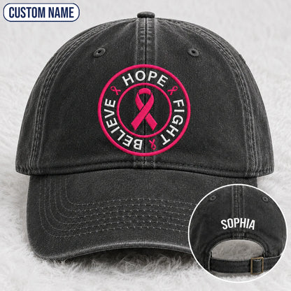 Personalized Hope Fight Believe Pink Ribbon Embroidered Washed Cap, Awareness Gift