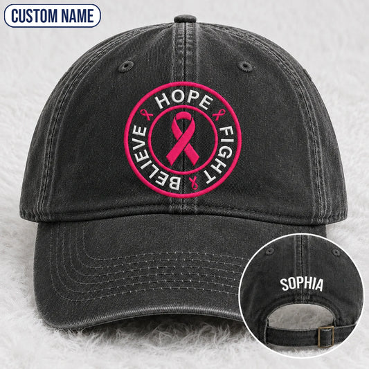 Personalized Hope Fight Believe Pink Ribbon Embroidered Washed Cap, Awareness Gift