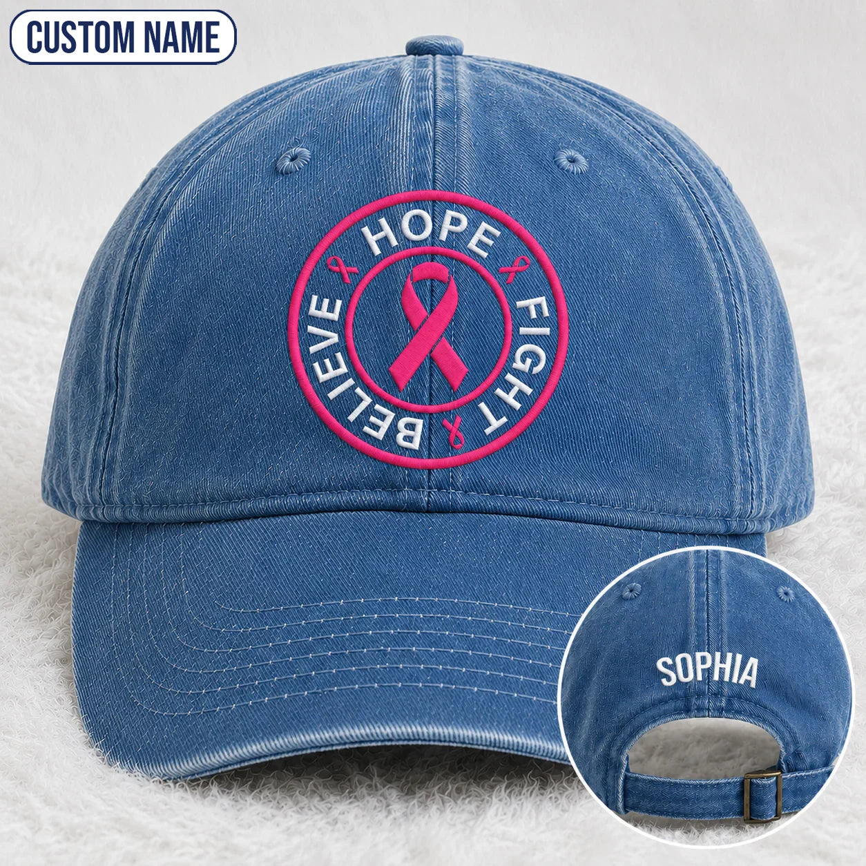 Personalized Hope Fight Believe Pink Ribbon Embroidered Washed Cap, Awareness Gift