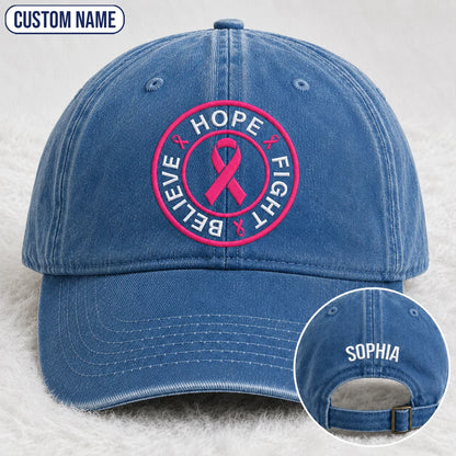 Personalized Hope Fight Believe Pink Ribbon Embroidered Washed Cap, Awareness Gift