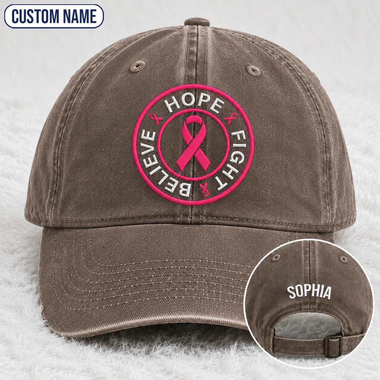 Personalized Hope Fight Believe Pink Ribbon Embroidered Washed Cap, Awareness Gift