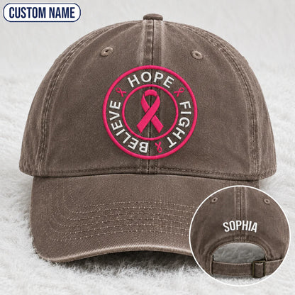 Personalized Hope Fight Believe Pink Ribbon Embroidered Washed Cap, Awareness Gift