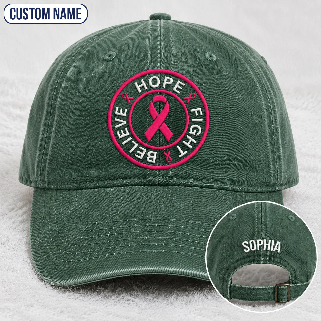 Personalized Hope Fight Believe Pink Ribbon Embroidered Washed Cap, Awareness Gift