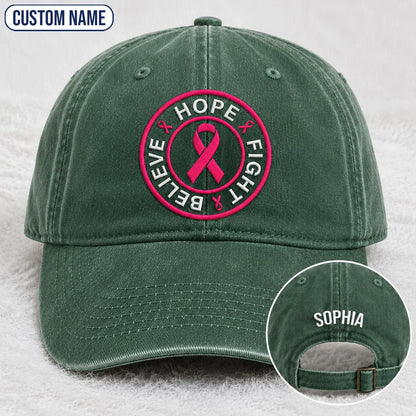 Personalized Hope Fight Believe Pink Ribbon Embroidered Washed Cap, Awareness Gift