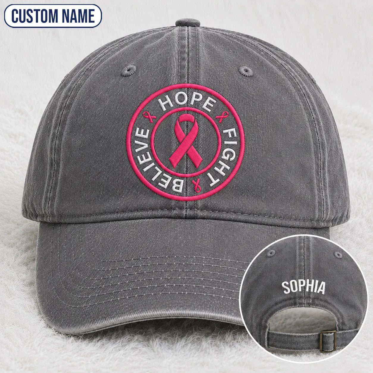 Personalized Hope Fight Believe Pink Ribbon Embroidered Washed Cap, Awareness Gift