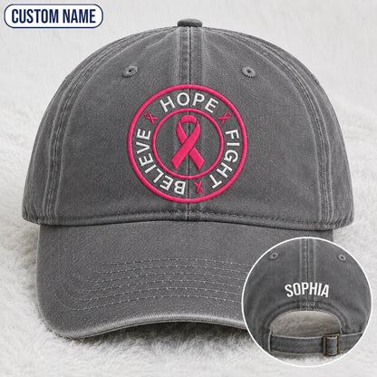 Personalized Hope Fight Believe Pink Ribbon Embroidered Washed Cap, Awareness Gift