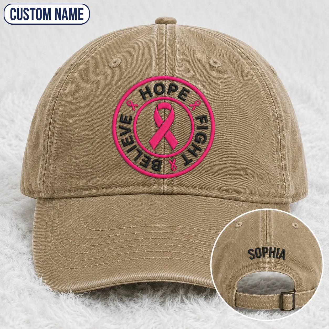 Personalized Hope Fight Believe Pink Ribbon Embroidered Washed Cap, Awareness Gift