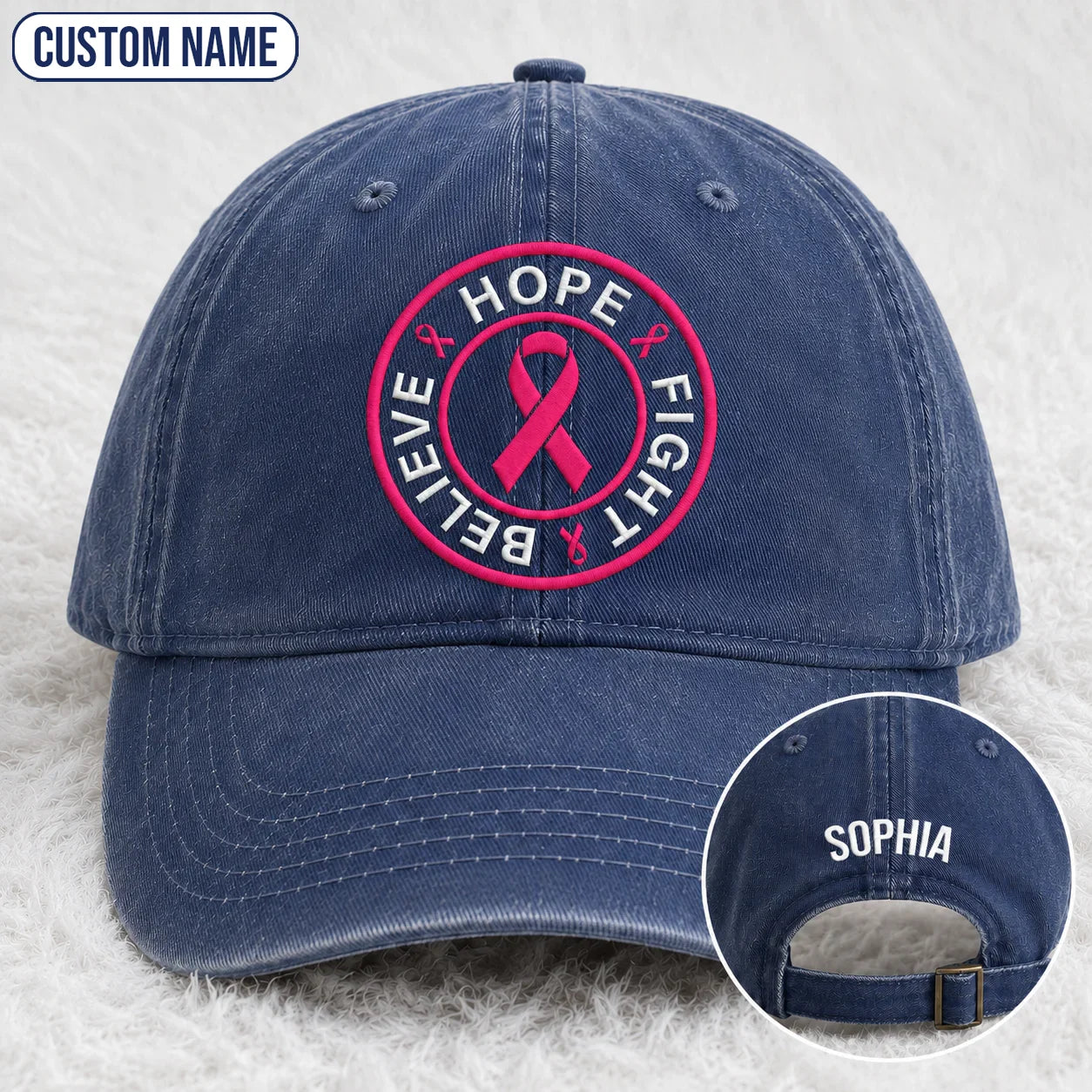 Personalized Hope Fight Believe Pink Ribbon Embroidered Washed Cap, Awareness Gift