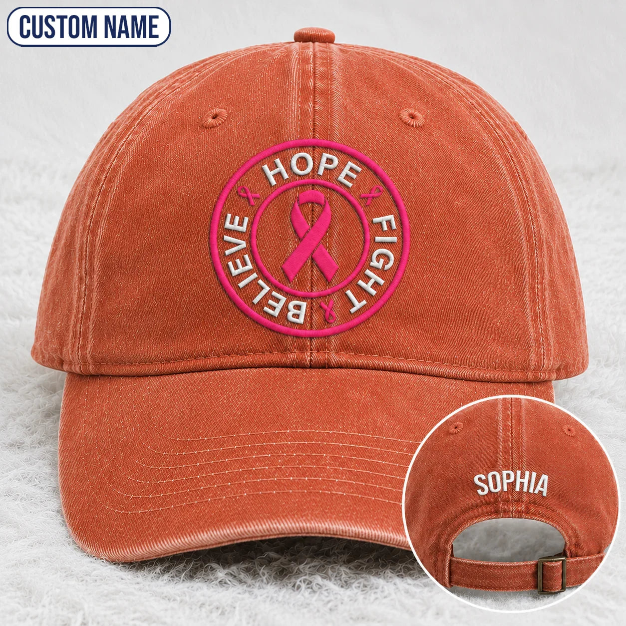 Personalized Hope Fight Believe Pink Ribbon Embroidered Washed Cap, Awareness Gift