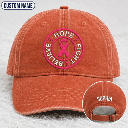 Personalized Hope Fight Believe Pink Ribbon Embroidered Washed Cap, Awareness Gift