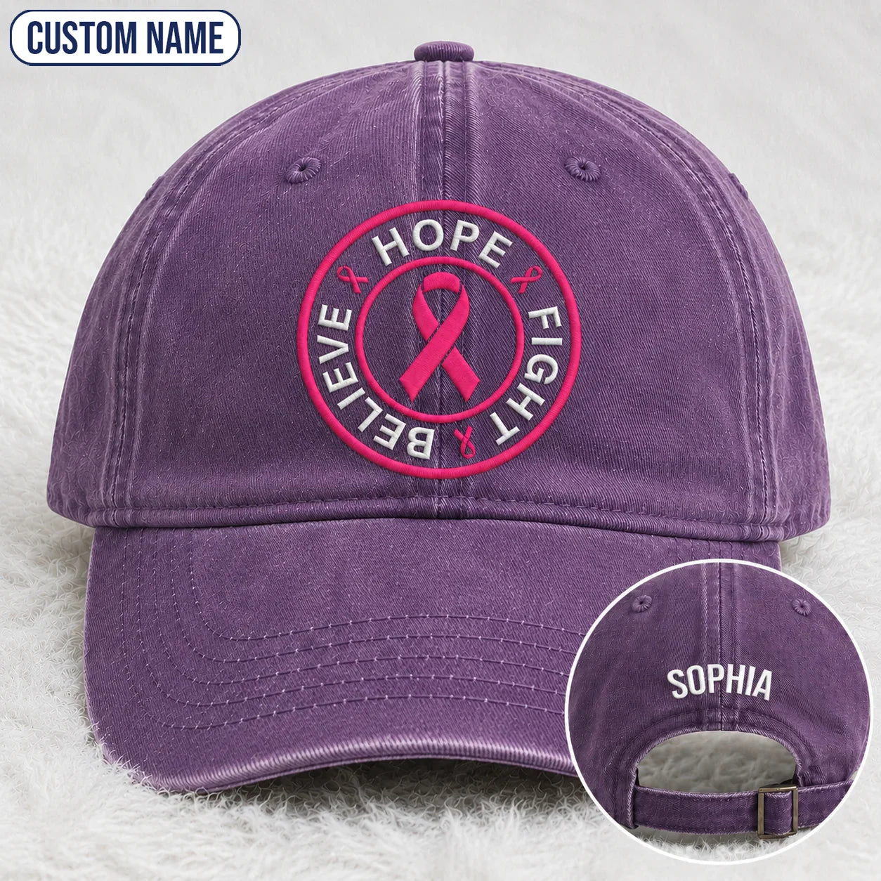 Personalized Hope Fight Believe Pink Ribbon Embroidered Washed Cap, Awareness Gift