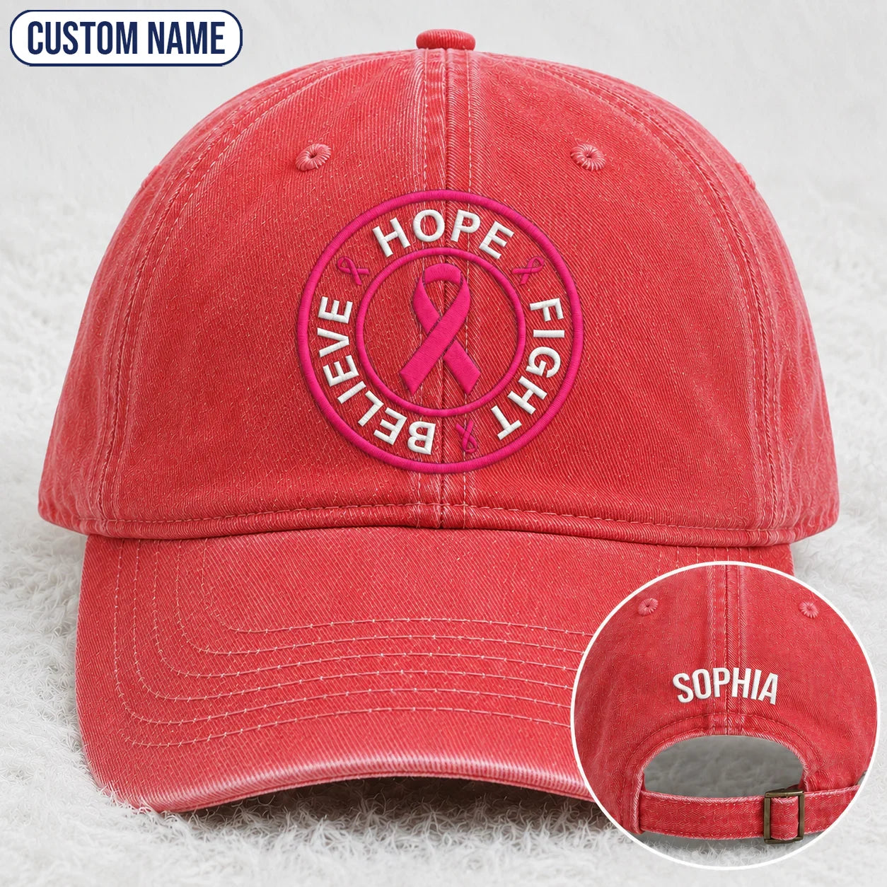 Personalized Hope Fight Believe Pink Ribbon Embroidered Washed Cap, Awareness Gift