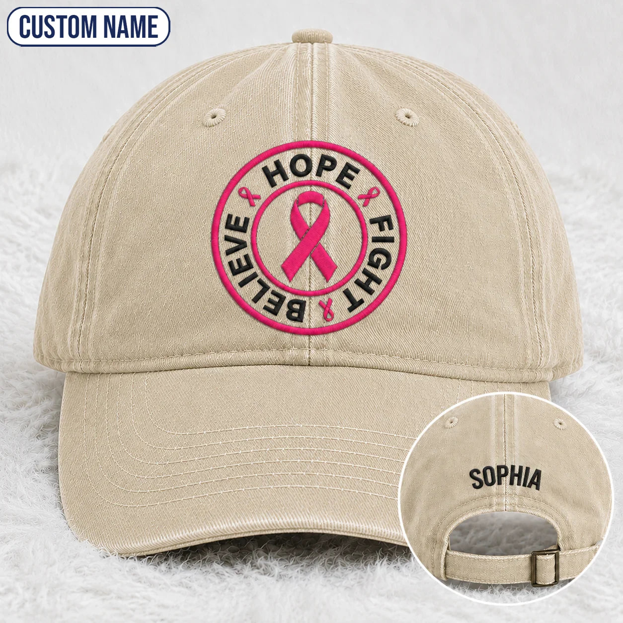 Personalized Hope Fight Believe Pink Ribbon Embroidered Washed Cap, Awareness Gift