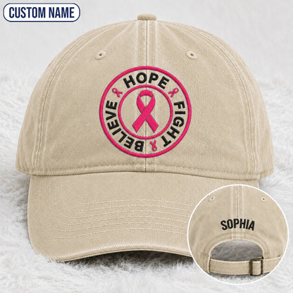 Personalized Hope Fight Believe Pink Ribbon Embroidered Washed Cap, Awareness Gift