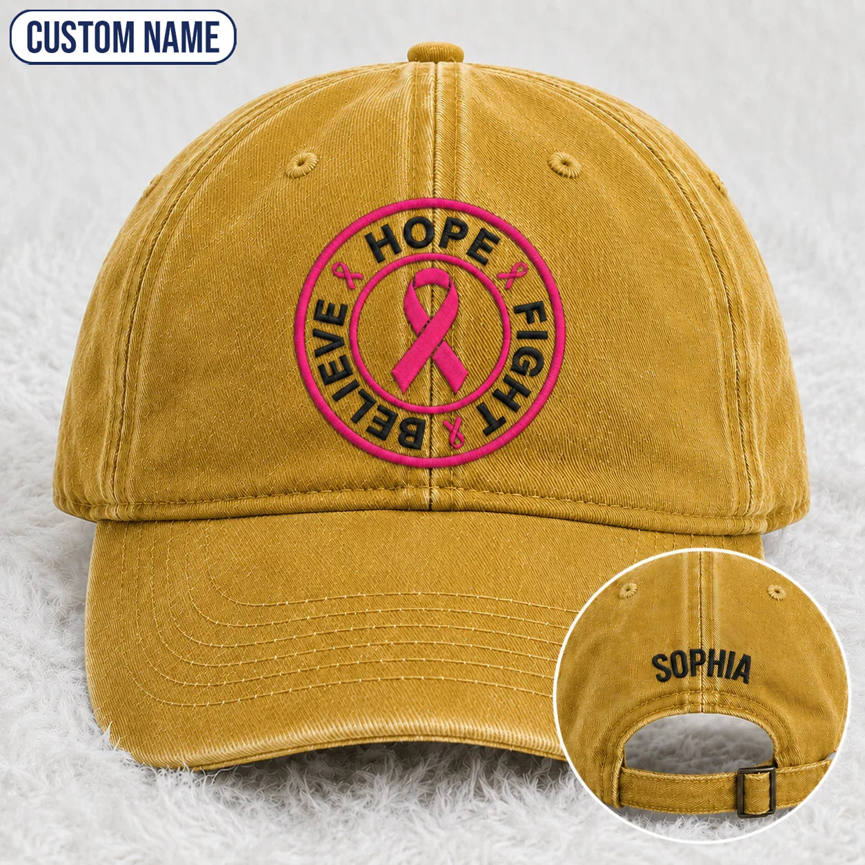 Personalized Hope Fight Believe Pink Ribbon Embroidered Washed Cap, Awareness Gift