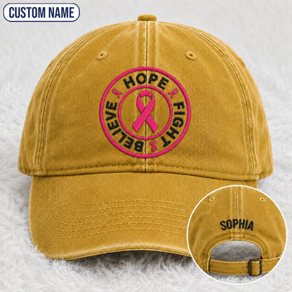 Personalized Hope Fight Believe Pink Ribbon Embroidered Washed Cap, Awareness Gift