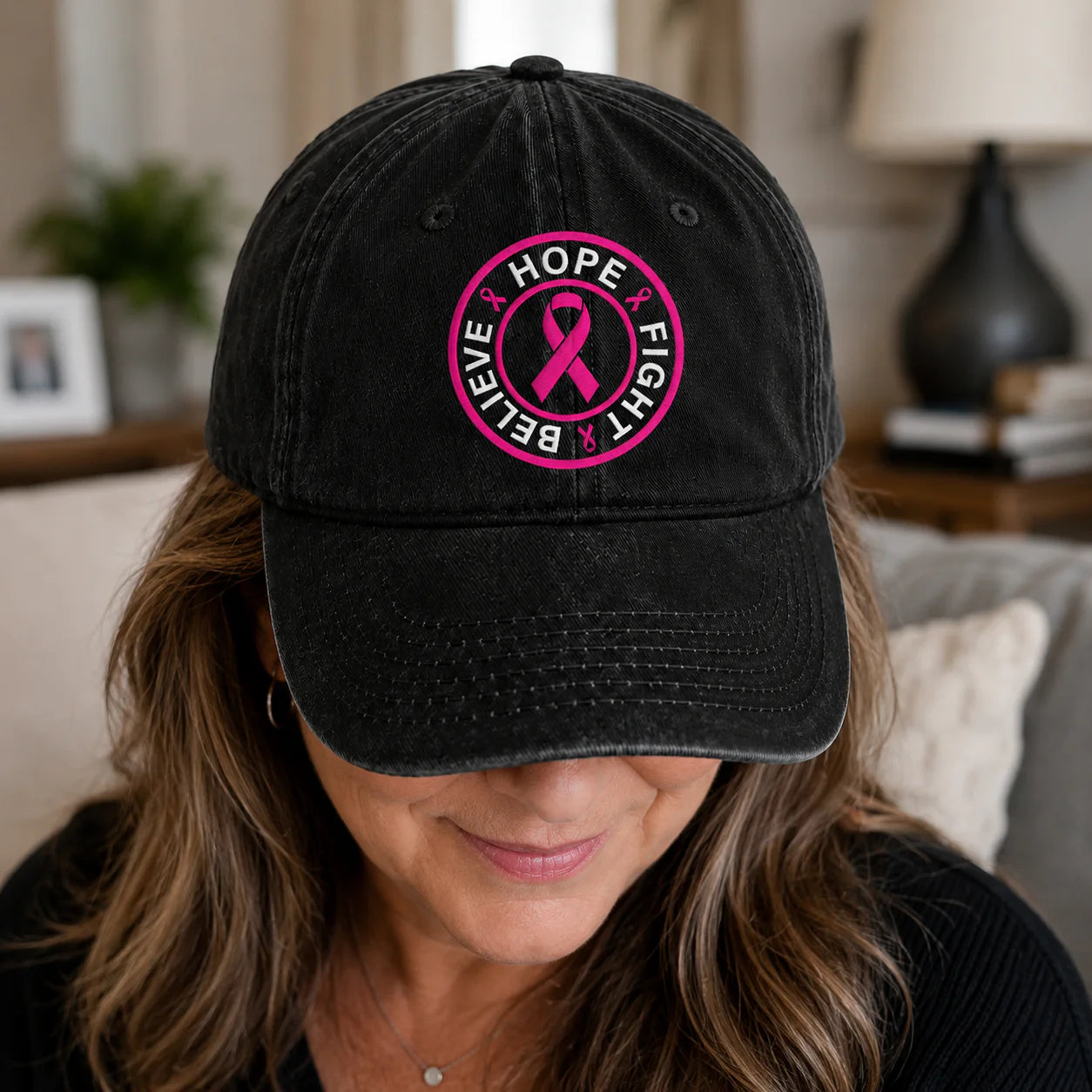 Personalized Hope Fight Believe Pink Ribbon Embroidered Washed Cap, Awareness Gift