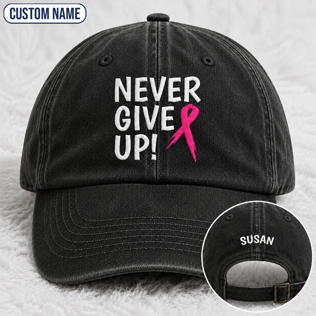 Personalized Never Give Up Pink Ribbon Embroidered Washed Cap, Awareness Gift